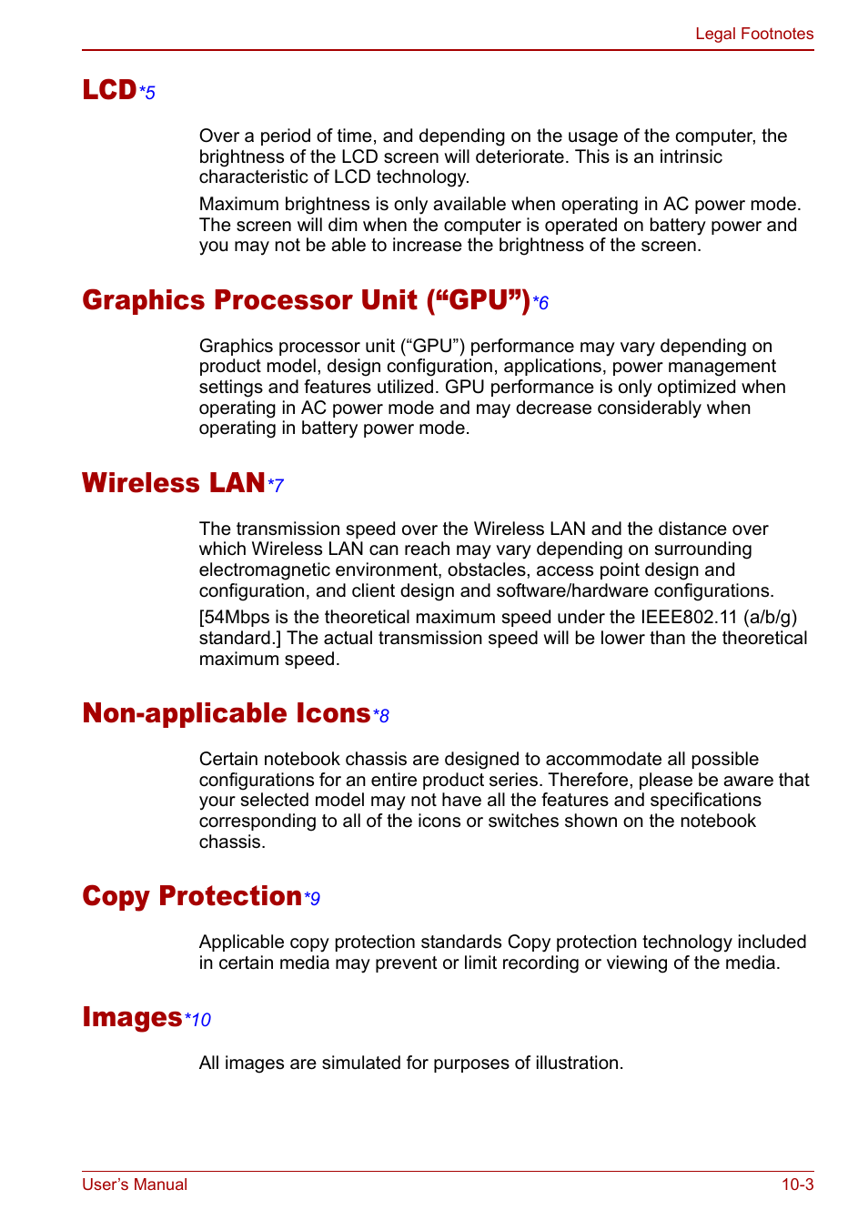 Legal footnote (non-applicable icons), Graphics processor unit (“gpu”), Wireless la n | Non-applicab le icons, Copy protection, Images | Toshiba Satellite Pro A120 (PSAC0) User Manual | Page 171 / 220