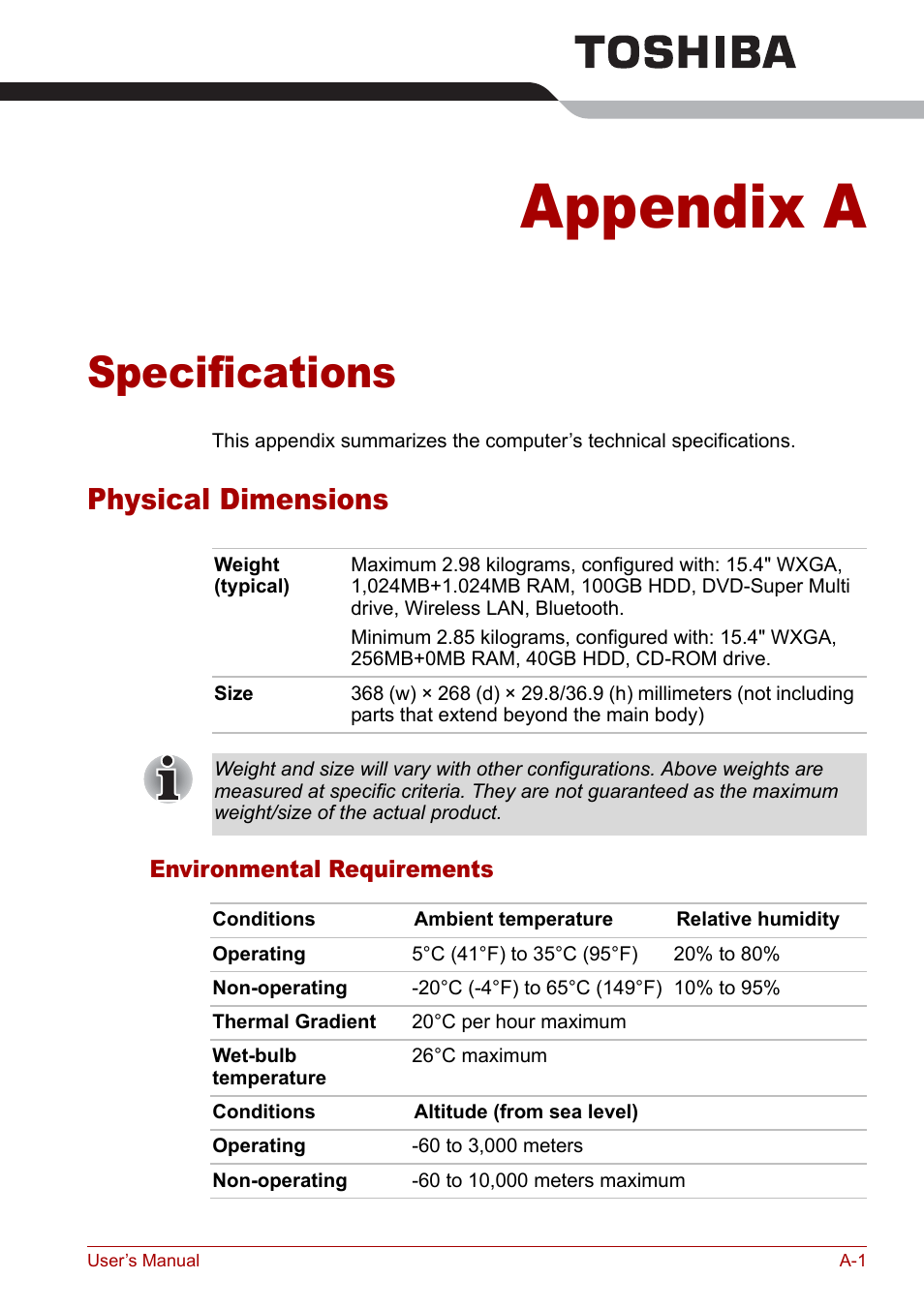 Appendix a - specifications, Appendix a, Specifications | Appendixes, Physical dimensions | Toshiba Satellite Pro A120 (PSAC0) User Manual | Page 173 / 220