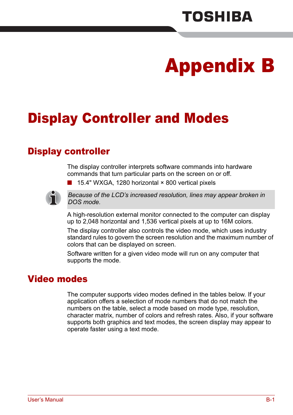 Appendix b - display controller and modes, Display controller, Video modes | Appendix b, Display controller and modes, Dix b, Display, Controller and modes, Section in | Toshiba Satellite Pro A120 (PSAC0) User Manual | Page 177 / 220