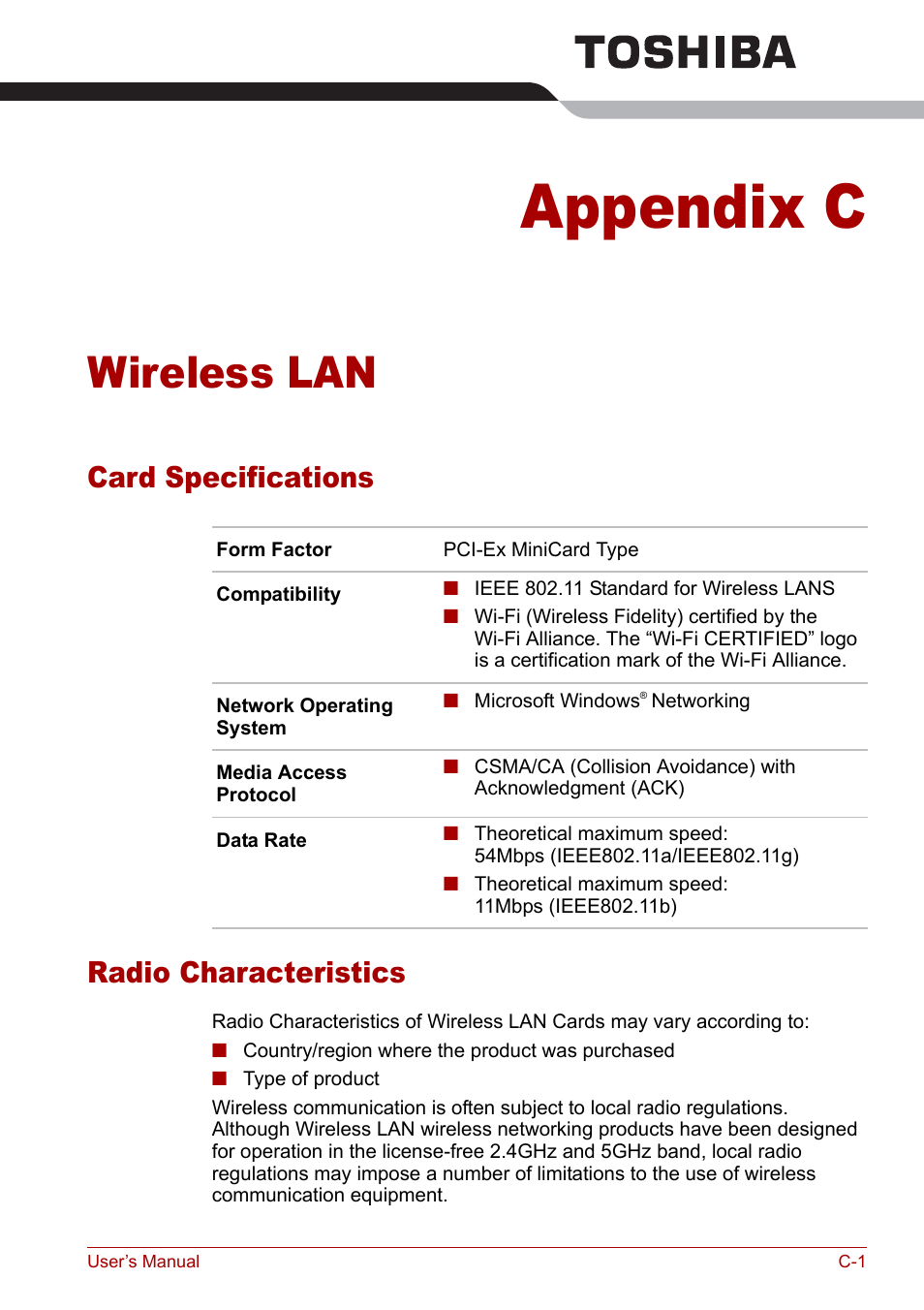 Appendix c - wireless lan, Card specifications, Radio characteristics | Appendix c, Wireless lan, Card specifications radio characteristics | Toshiba Satellite Pro A120 (PSAC0) User Manual | Page 187 / 220