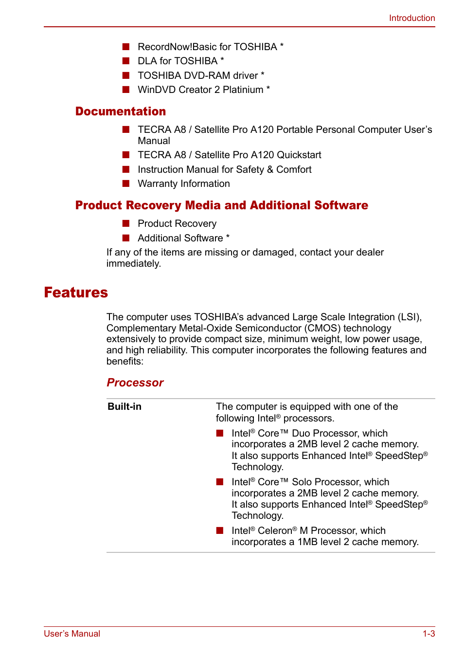 Features, Features -3, Documentation | Product recovery media and additional software, Processor | Toshiba Satellite Pro A120 (PSAC0) User Manual | Page 19 / 220