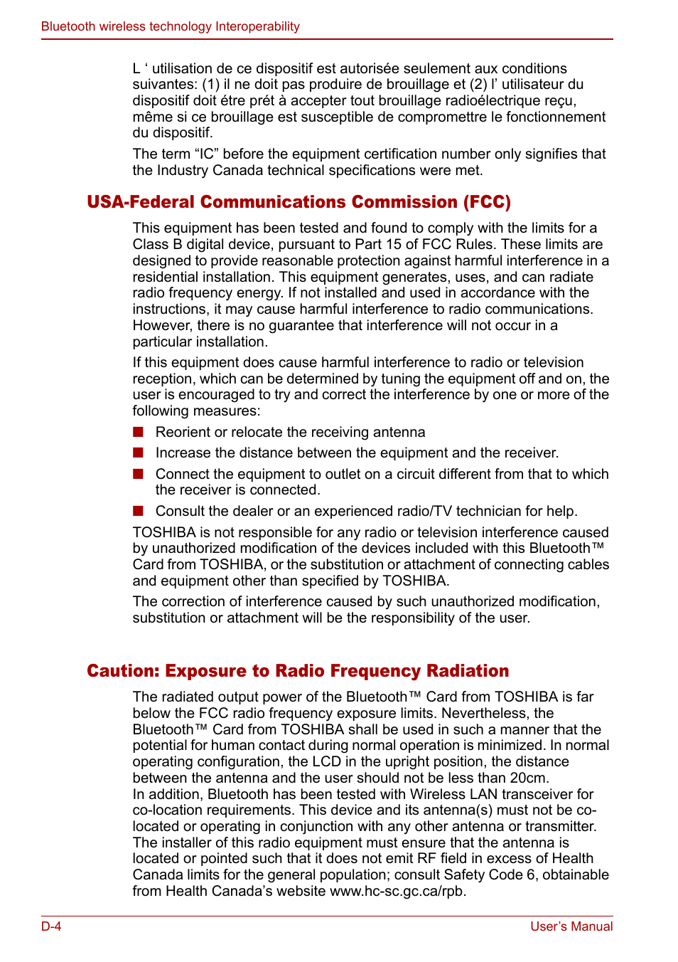Usa-federal communications commission (fcc), Caution: exposure to radio frequency radiation | Toshiba Satellite Pro A120 (PSAC0) User Manual | Page 194 / 220
