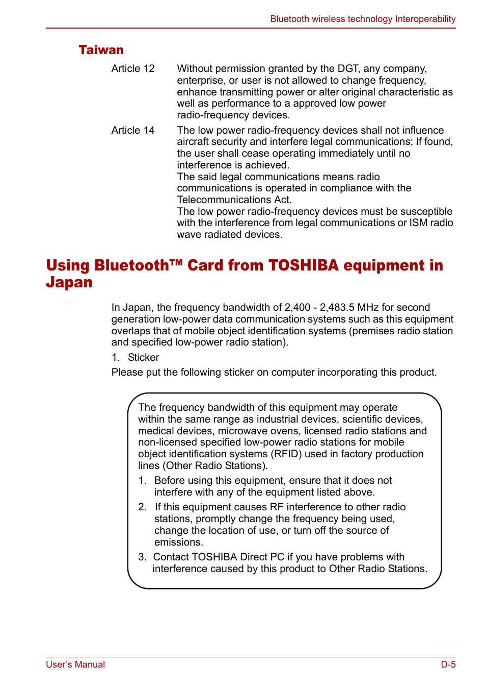 Taiwan | Toshiba Satellite Pro A120 (PSAC0) User Manual | Page 195 / 220