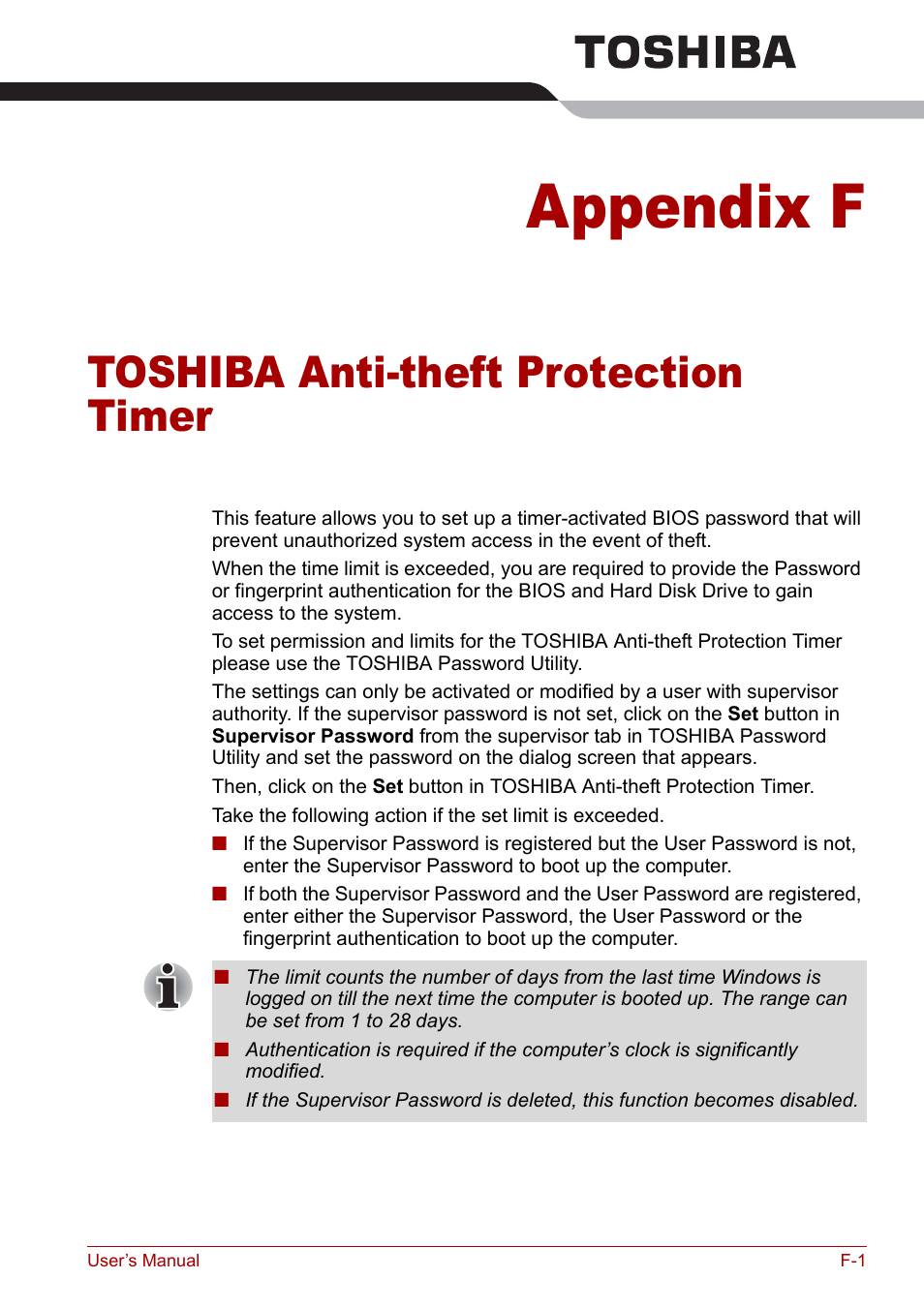 Appendix f - toshiba anti-theft protection timer, Appendix f, Toshiba anti-theft protection timer | Toshiba Satellite Pro A120 (PSAC0) User Manual | Page 199 / 220