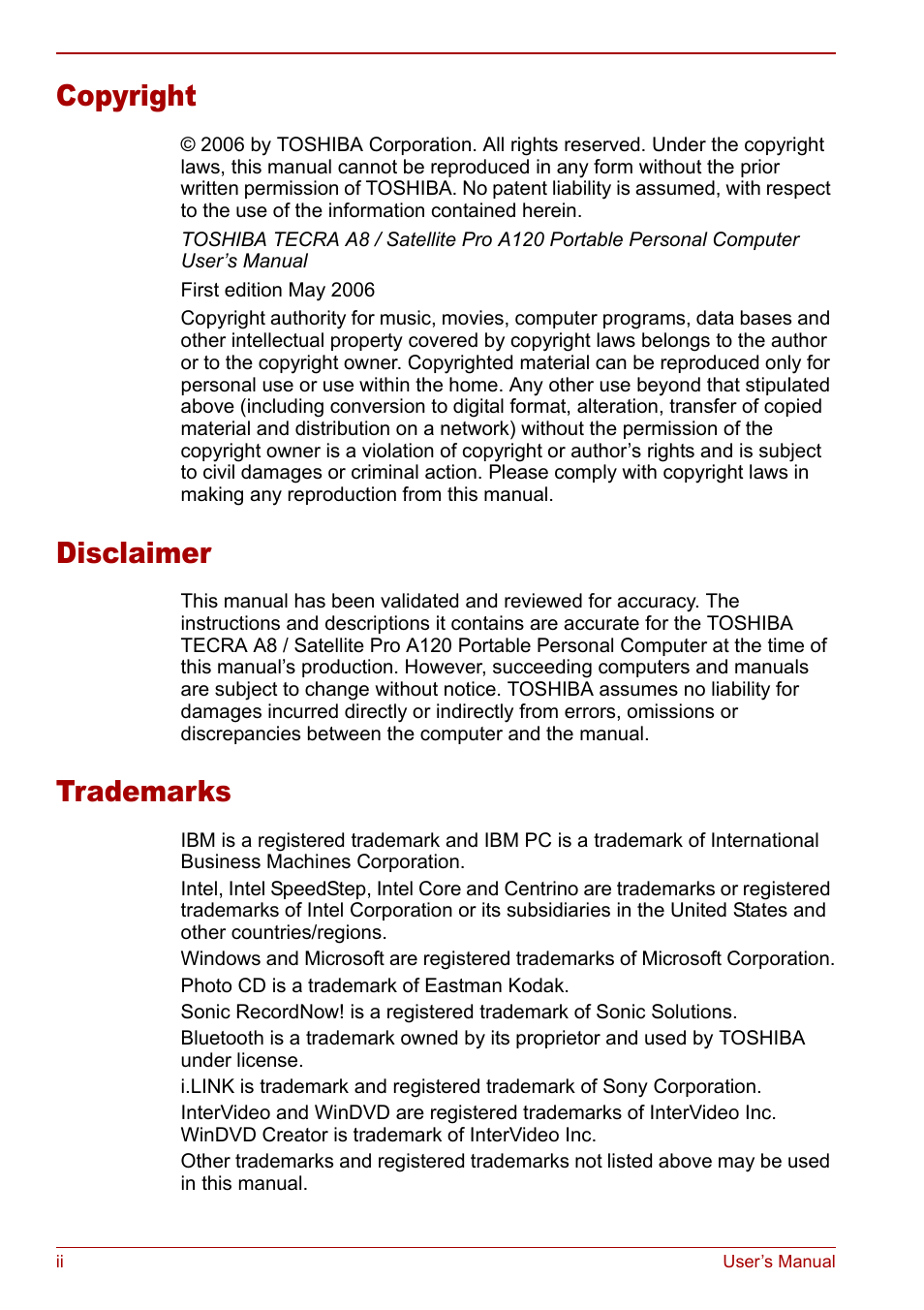 Copyright, Disclaimer, Trademarks | Toshiba Satellite Pro A120 (PSAC0) User Manual | Page 2 / 220