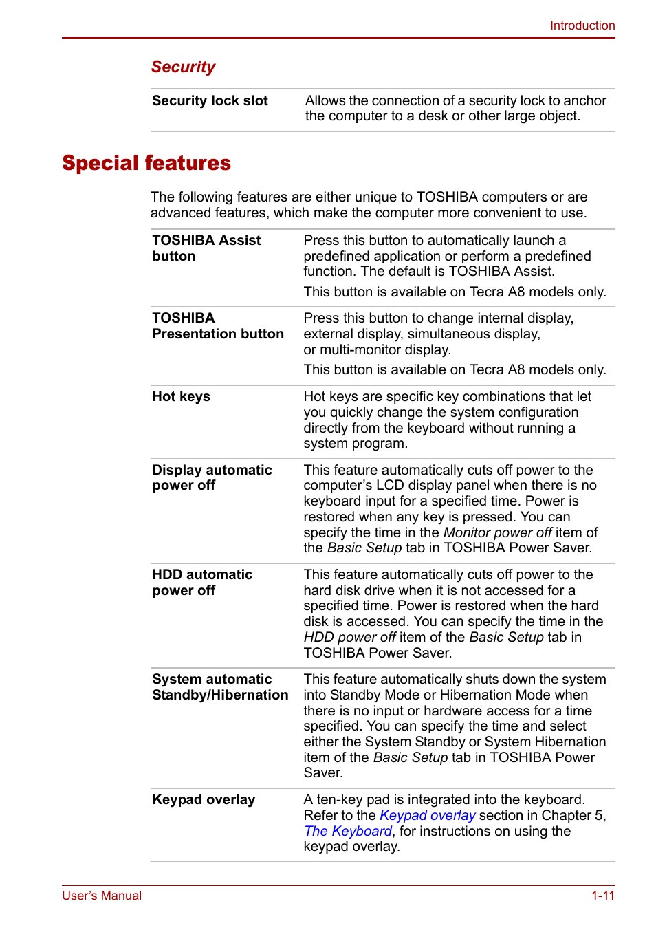 Special features, Special features -11 | Toshiba Satellite Pro A120 (PSAC0) User Manual | Page 27 / 220