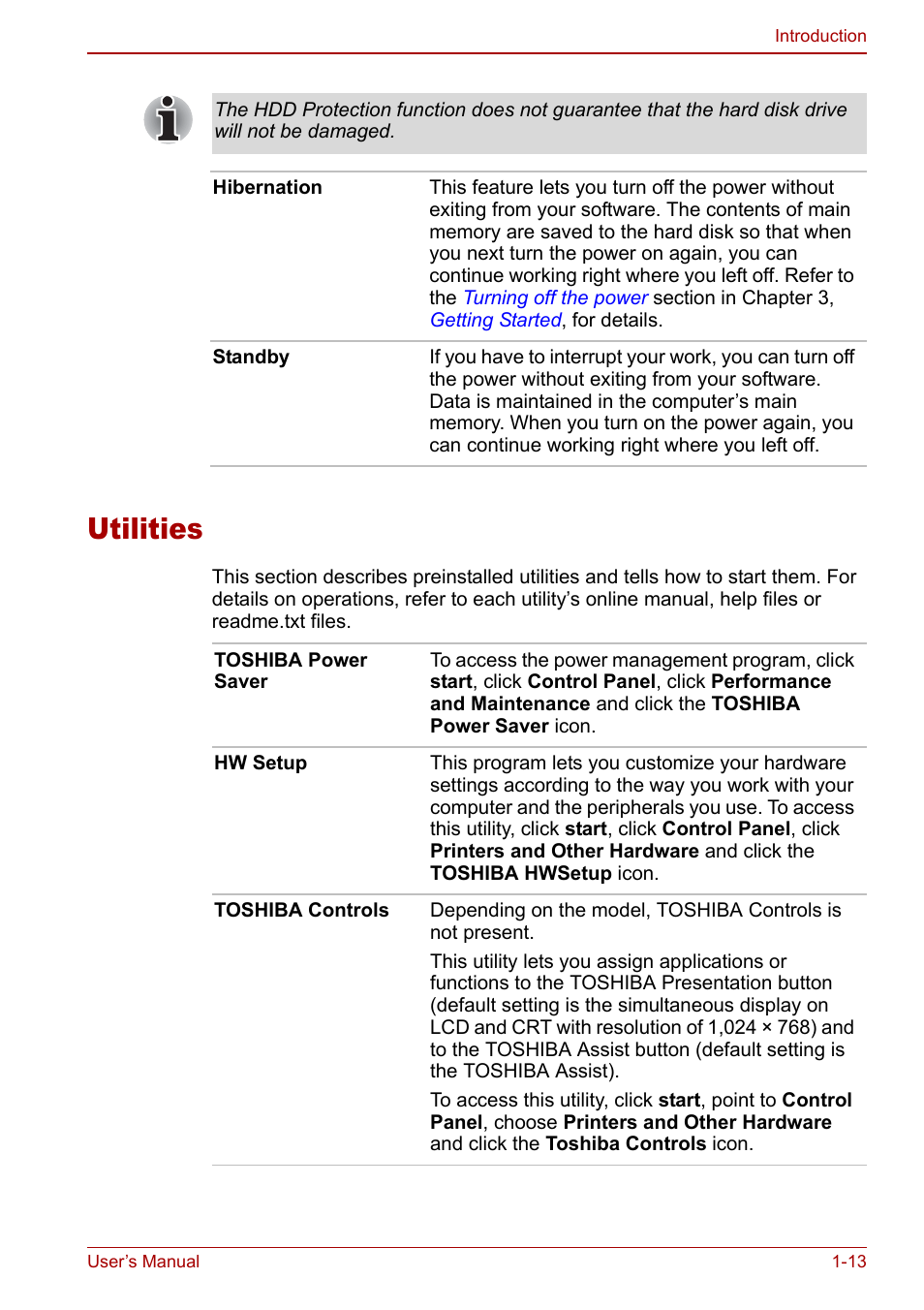 Utilities, Utilities -13 | Toshiba Satellite Pro A120 (PSAC0) User Manual | Page 29 / 220