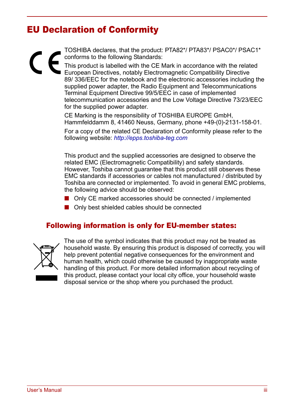 Eu declaration of conformity, Following information is only for eu-member states | Toshiba Satellite Pro A120 (PSAC0) User Manual | Page 3 / 220