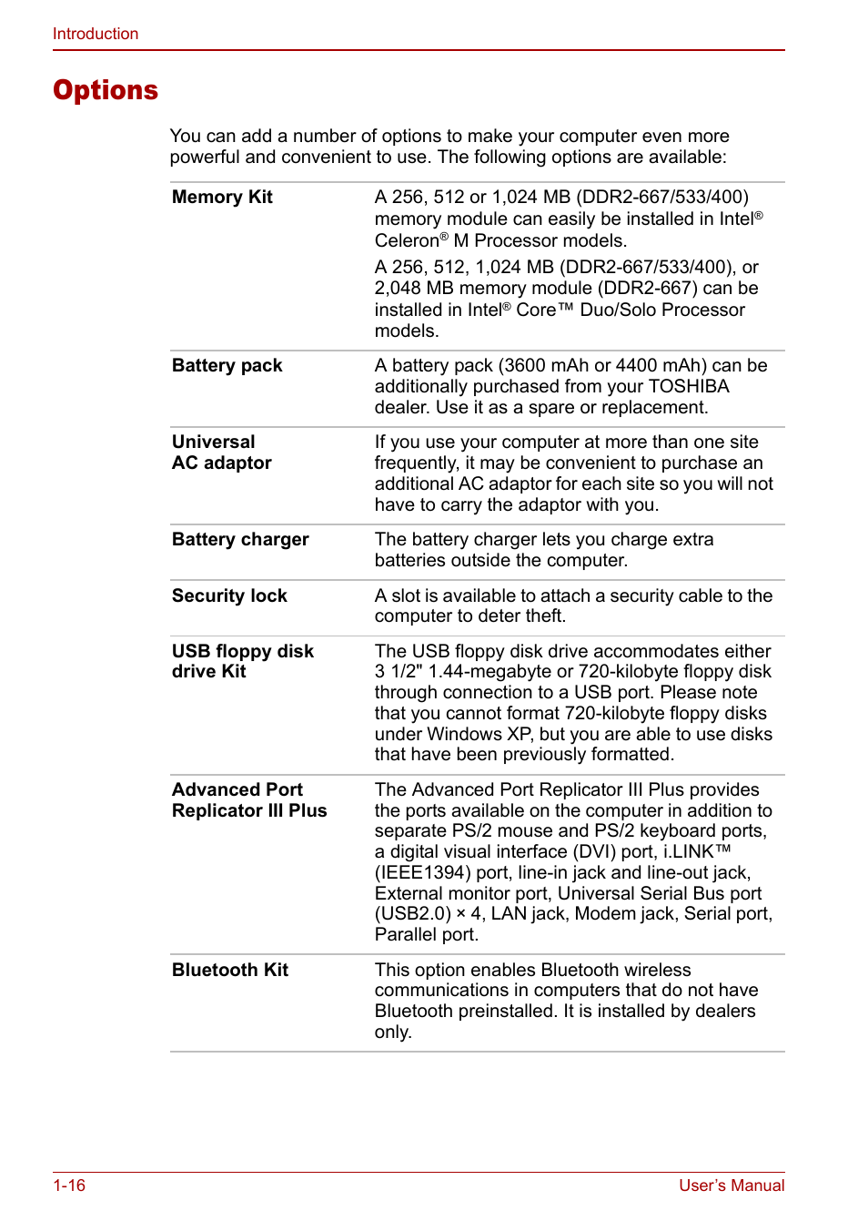 Options, Options -16 | Toshiba Satellite Pro A120 (PSAC0) User Manual | Page 32 / 220