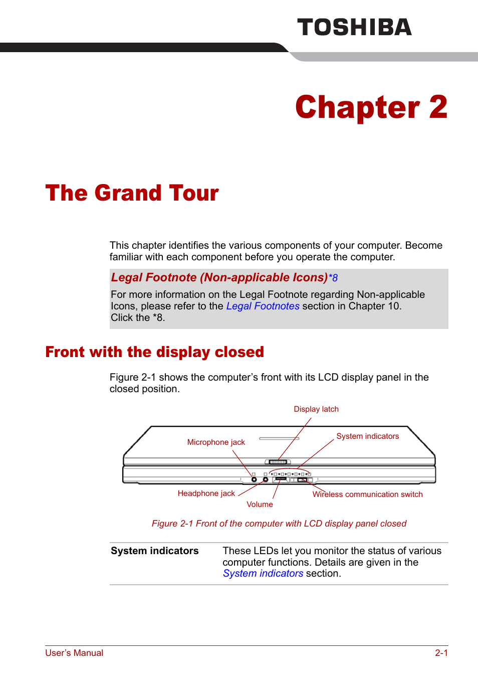 Chapter 2 - the grand tour, Front with the display closed, Chapter 2 | The grand tour, Front with the display closed -1 | Toshiba Satellite Pro A120 (PSAC0) User Manual | Page 33 / 220