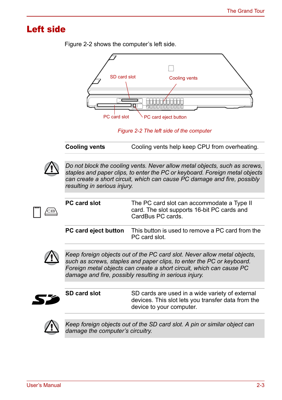Left side, Left side -3 | Toshiba Satellite Pro A120 (PSAC0) User Manual | Page 35 / 220