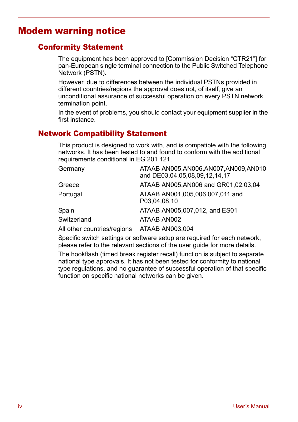 Modem warning notice, Conformity statement, Network compatibility statement | Toshiba Satellite Pro A120 (PSAC0) User Manual | Page 4 / 220