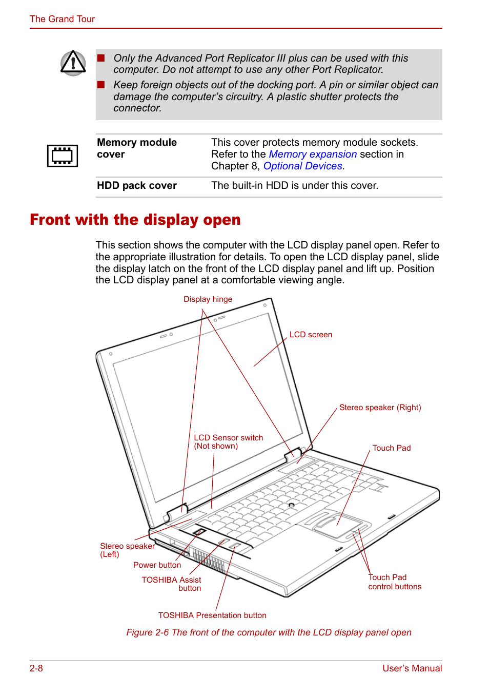 Front with the display open, Front with the display open -8 | Toshiba Satellite Pro A120 (PSAC0) User Manual | Page 40 / 220