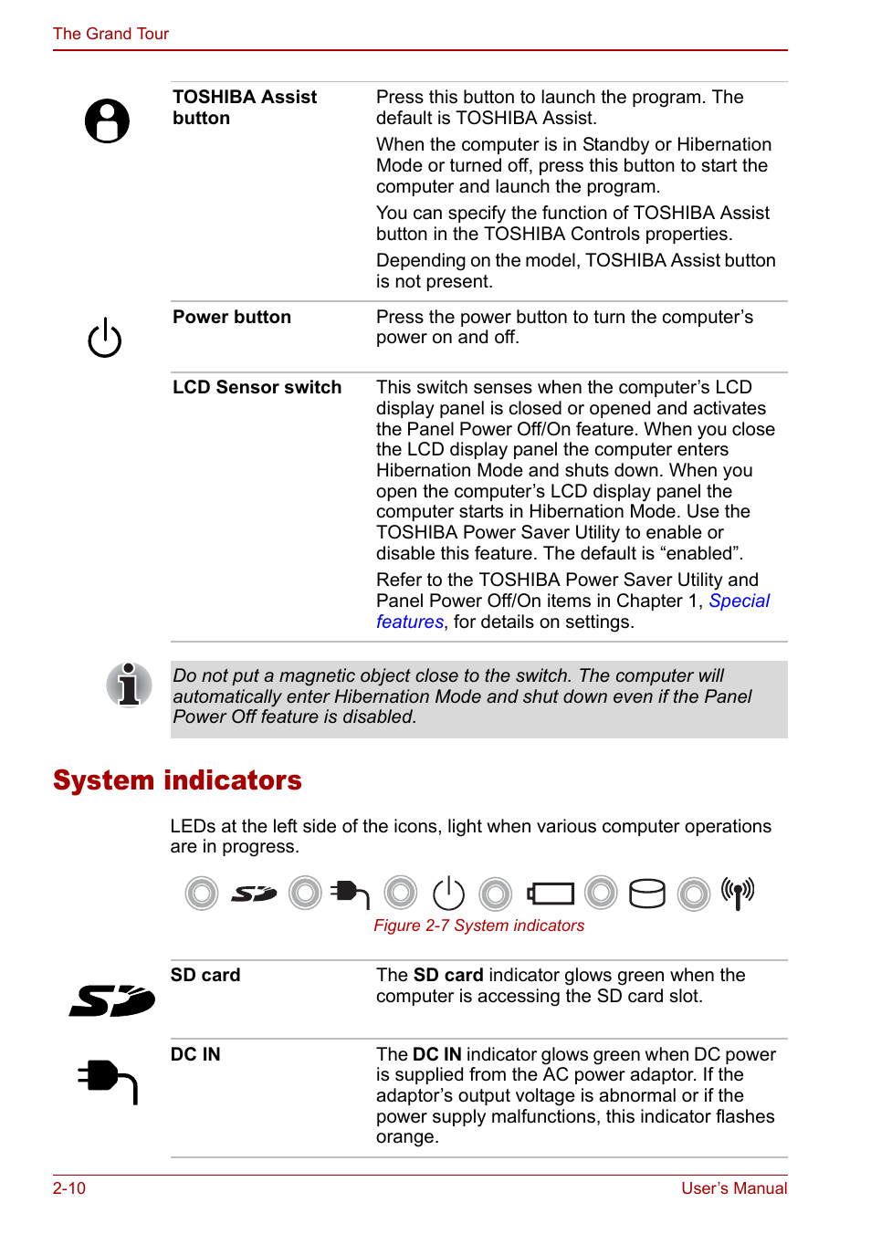 System indicators, System indicators -10 | Toshiba Satellite Pro A120 (PSAC0) User Manual | Page 42 / 220