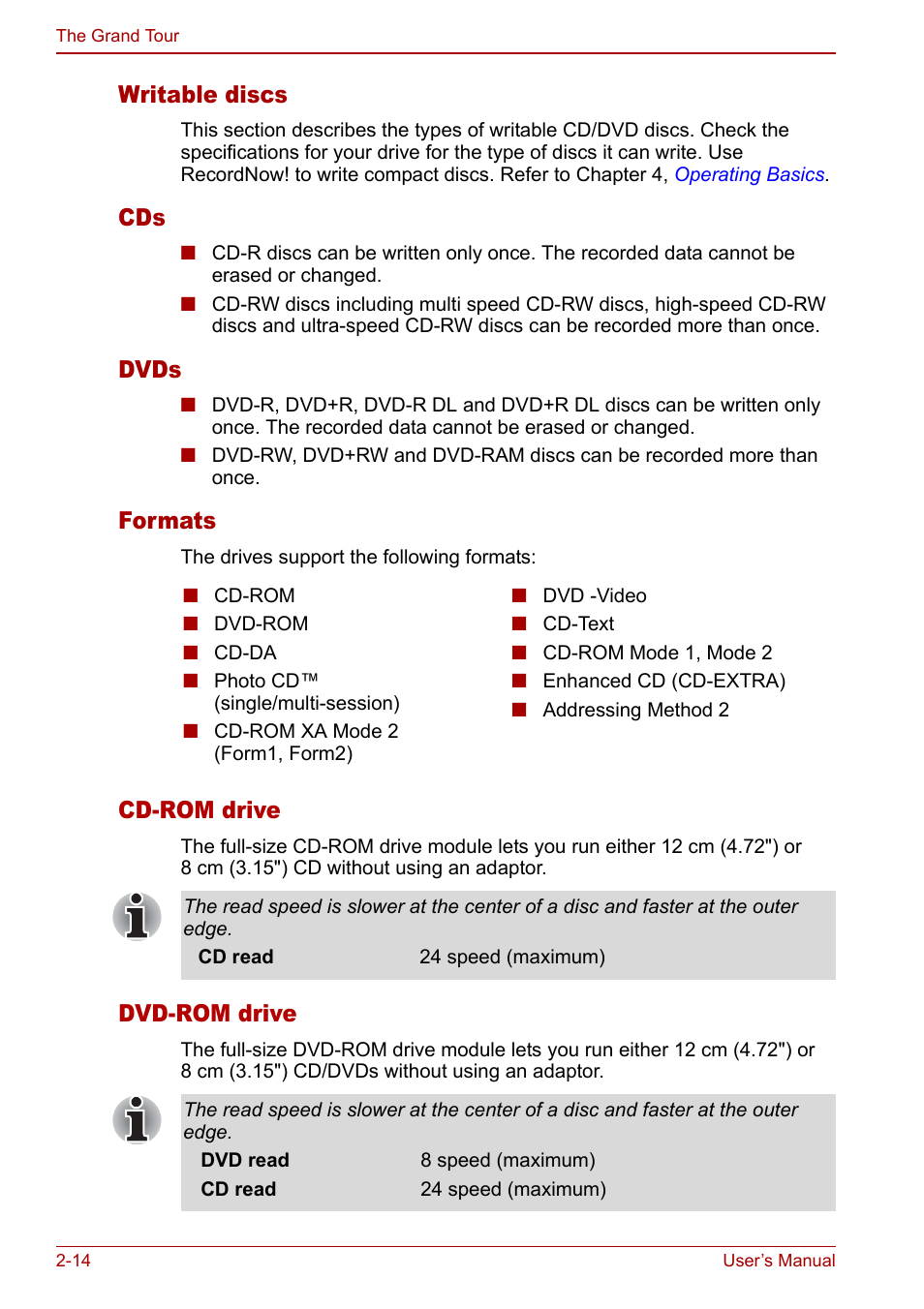 Writable discs, Dvds, Formats | Cd-rom drive, Dvd-rom drive | Toshiba Satellite Pro A120 (PSAC0) User Manual | Page 46 / 220