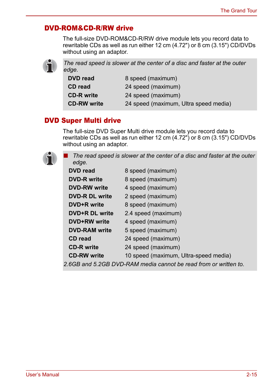 Dvd-rom&cd-r/rw drive, Dvd super multi drive | Toshiba Satellite Pro A120 (PSAC0) User Manual | Page 47 / 220