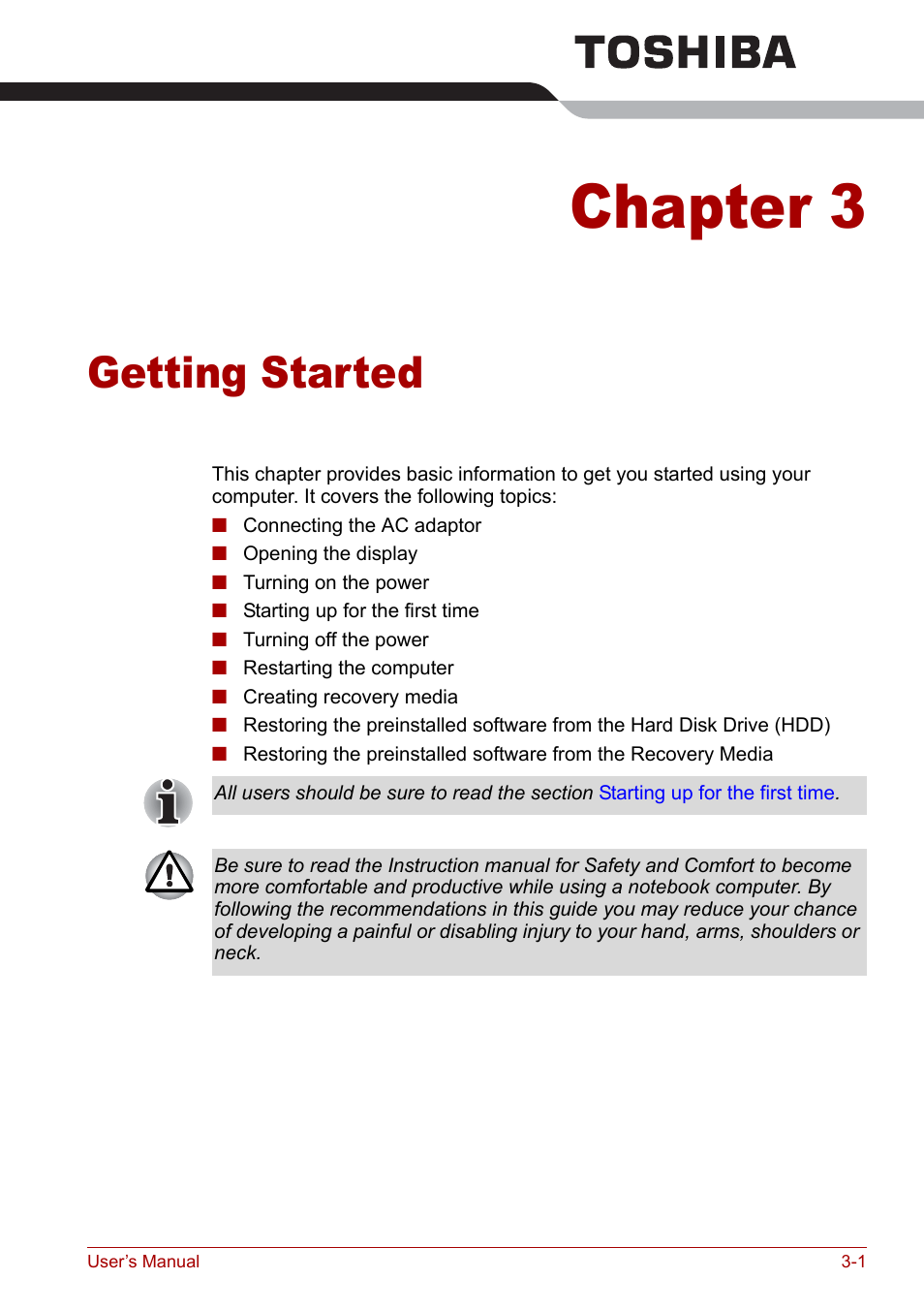 Chapter 3 - getting started, Chapter 3, Getting started | Toshiba Satellite Pro A120 (PSAC0) User Manual | Page 49 / 220