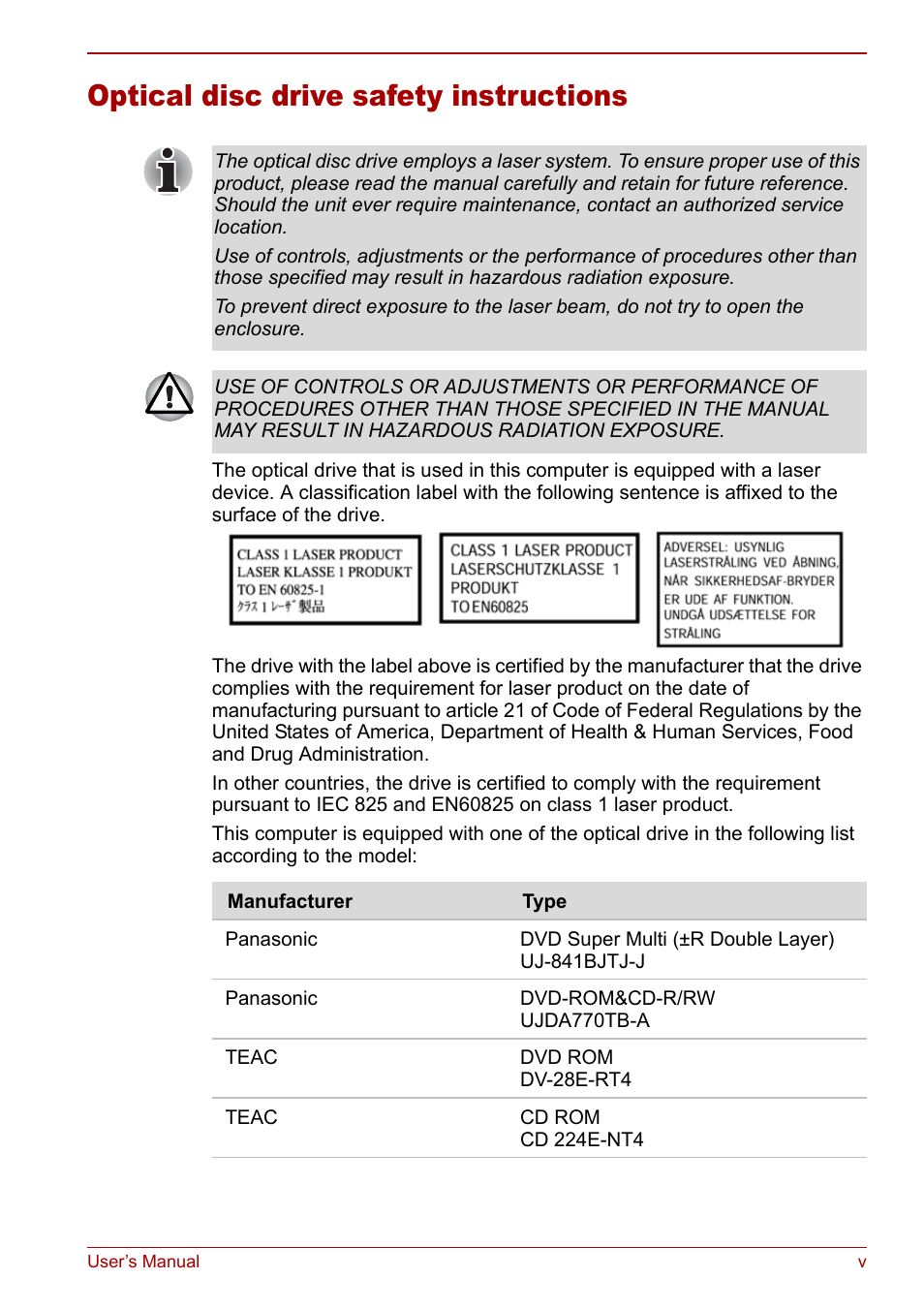 Optical disc drive safety instructions | Toshiba Satellite Pro A120 (PSAC0) User Manual | Page 5 / 220