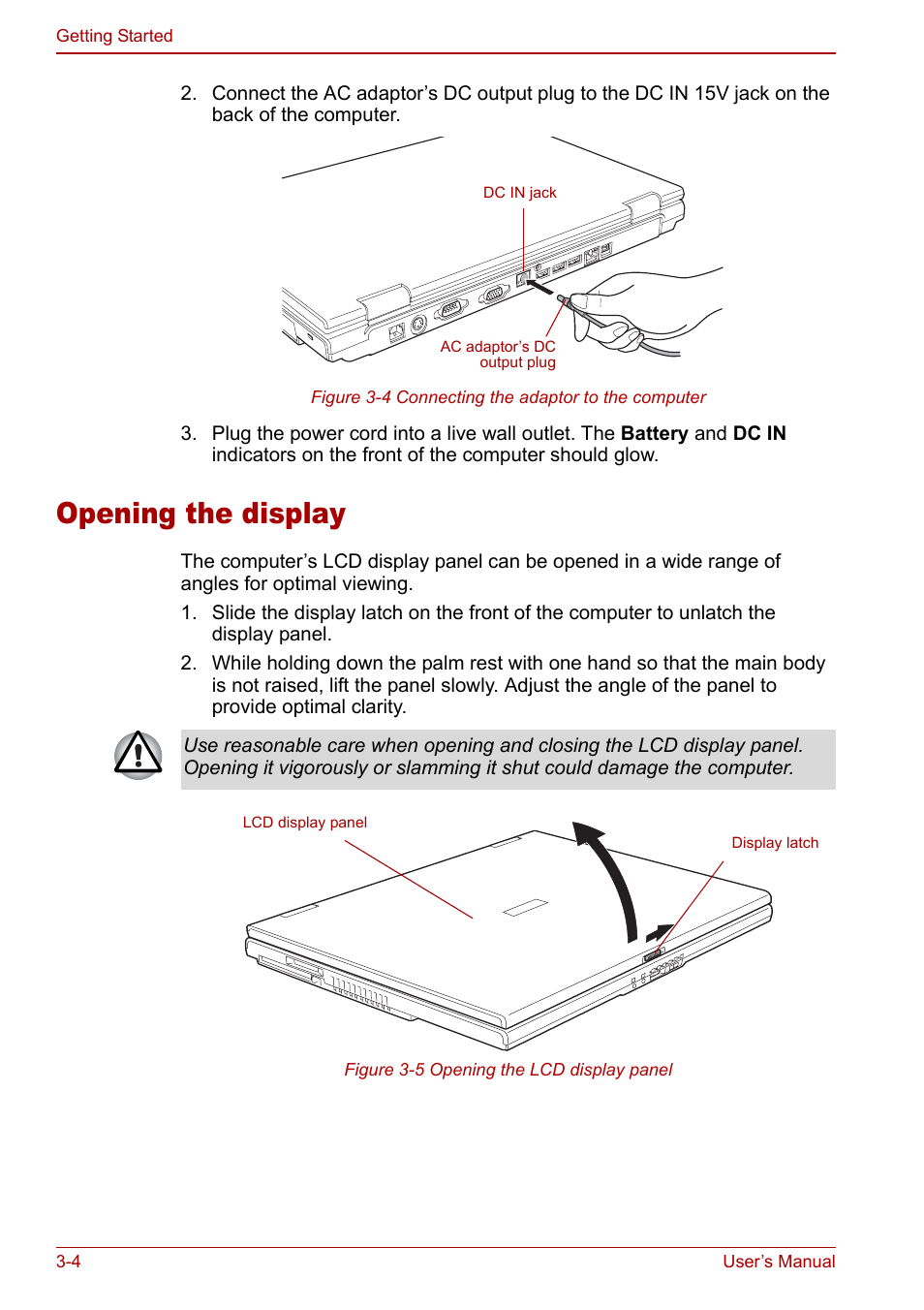 Opening the display, Opening the display -4 | Toshiba Satellite Pro A120 (PSAC0) User Manual | Page 52 / 220
