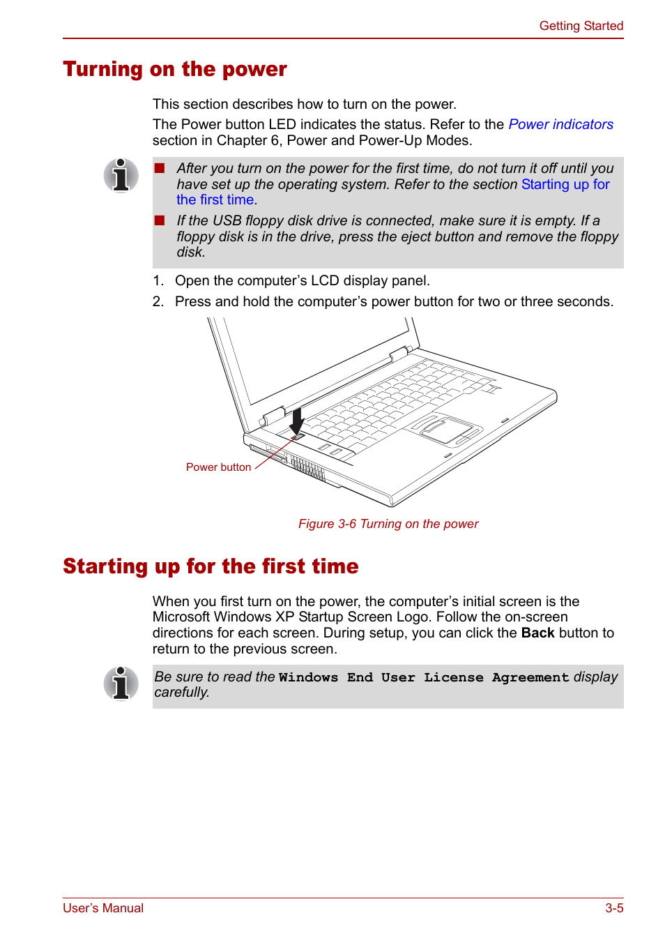 Turning on the power, Starting up for the first time | Toshiba Satellite Pro A120 (PSAC0) User Manual | Page 53 / 220