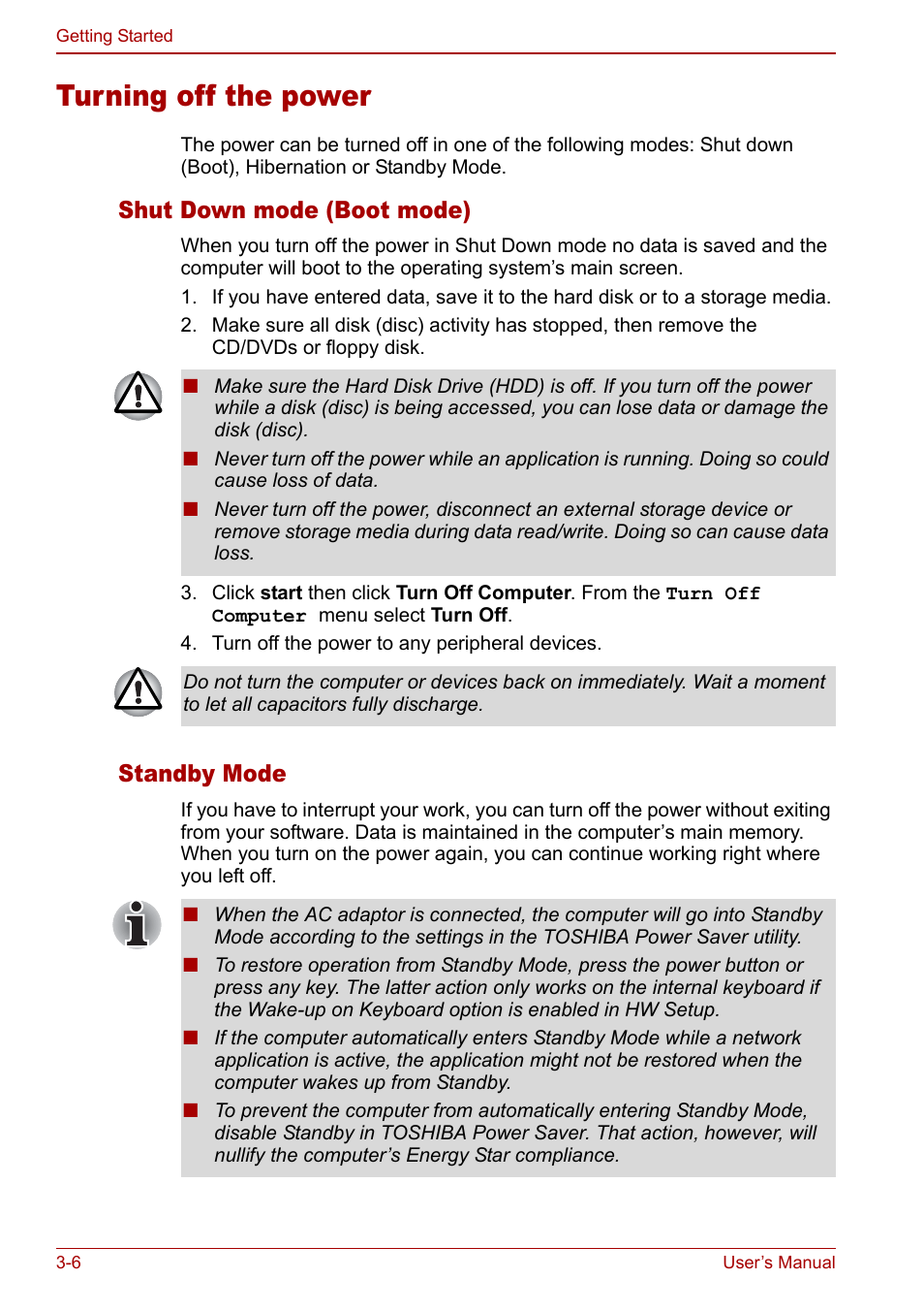 Turning off the power, Turning off the power -6, Sectio | Shut down mode (boot mode), Standby mode | Toshiba Satellite Pro A120 (PSAC0) User Manual | Page 54 / 220