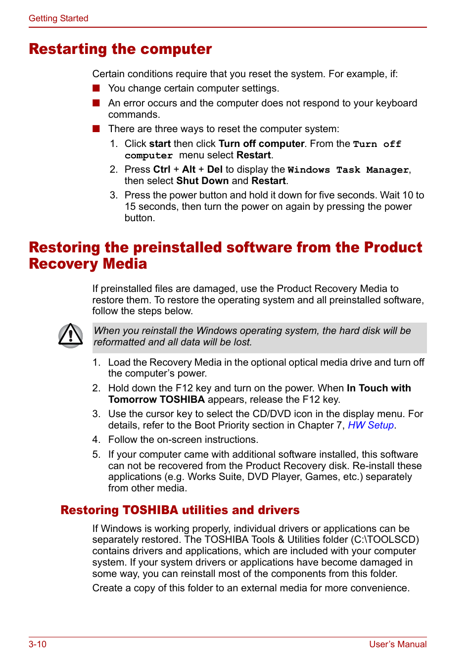Restarting the computer, The product recovery media -10 | Toshiba Satellite Pro A120 (PSAC0) User Manual | Page 58 / 220