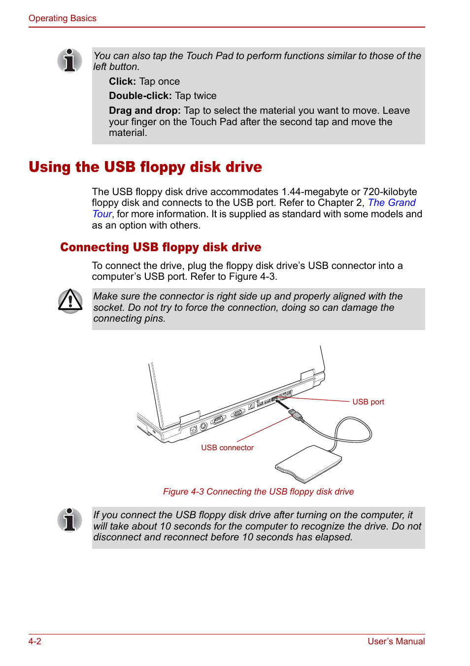 Using the usb floppy disk drive, Using the usb floppy disk drive -2, Connecting usb floppy disk drive | Toshiba Satellite Pro A120 (PSAC0) User Manual | Page 60 / 220