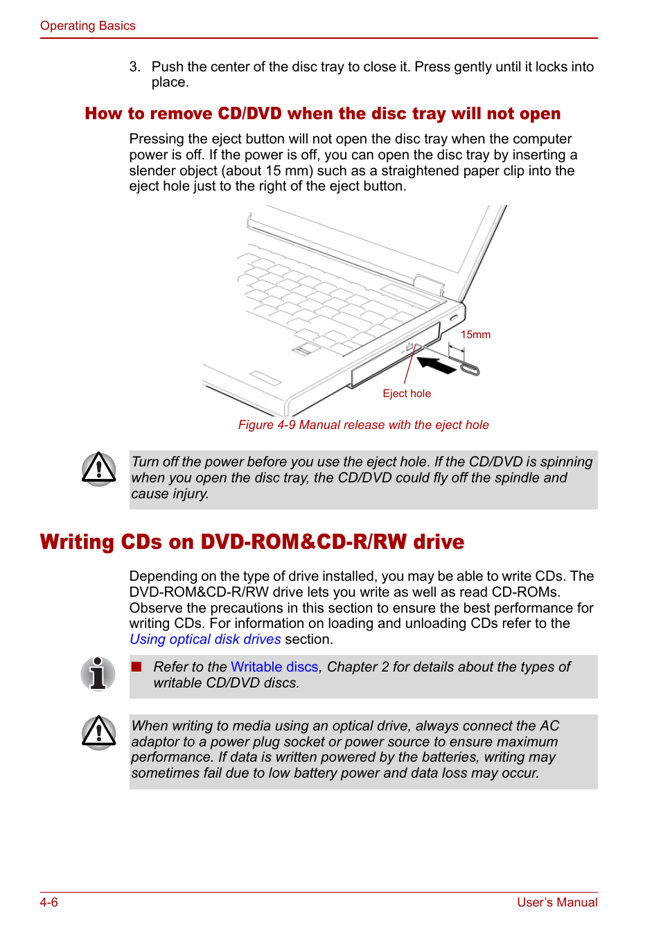 Writing cds on dvd-rom&cd-r/rw drive, Writing cds on dvd-rom&cd-r/rw drive -6, Writing cds on | Dvd-rom&cd-r/rw drive | Toshiba Satellite Pro A120 (PSAC0) User Manual | Page 64 / 220