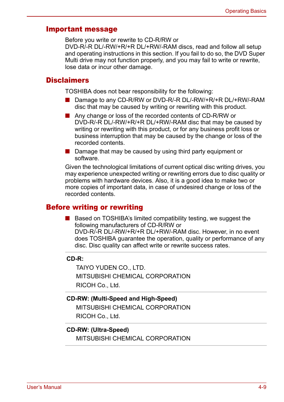 Important message, Disclaimers, Before writing or rewriting | Toshiba Satellite Pro A120 (PSAC0) User Manual | Page 67 / 220