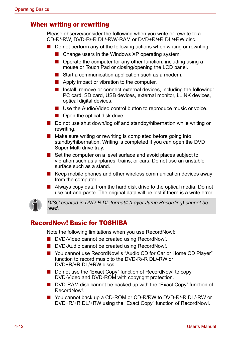 When writing or rewriting, Recordnow! basic for toshiba | Toshiba Satellite Pro A120 (PSAC0) User Manual | Page 70 / 220