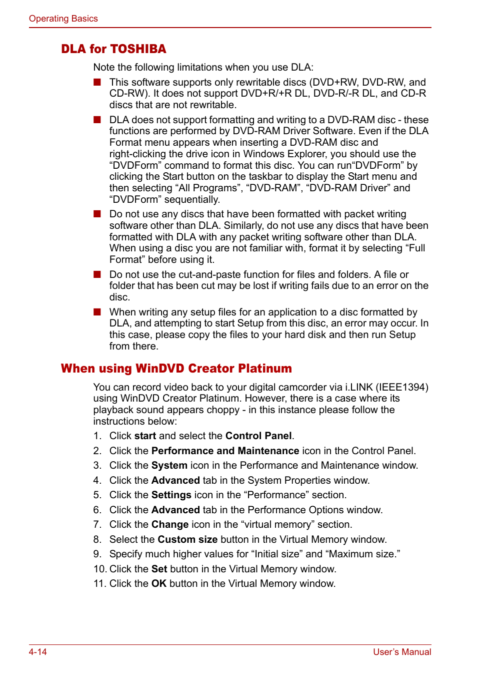 Dla for toshiba, When using windvd creator platinum | Toshiba Satellite Pro A120 (PSAC0) User Manual | Page 72 / 220