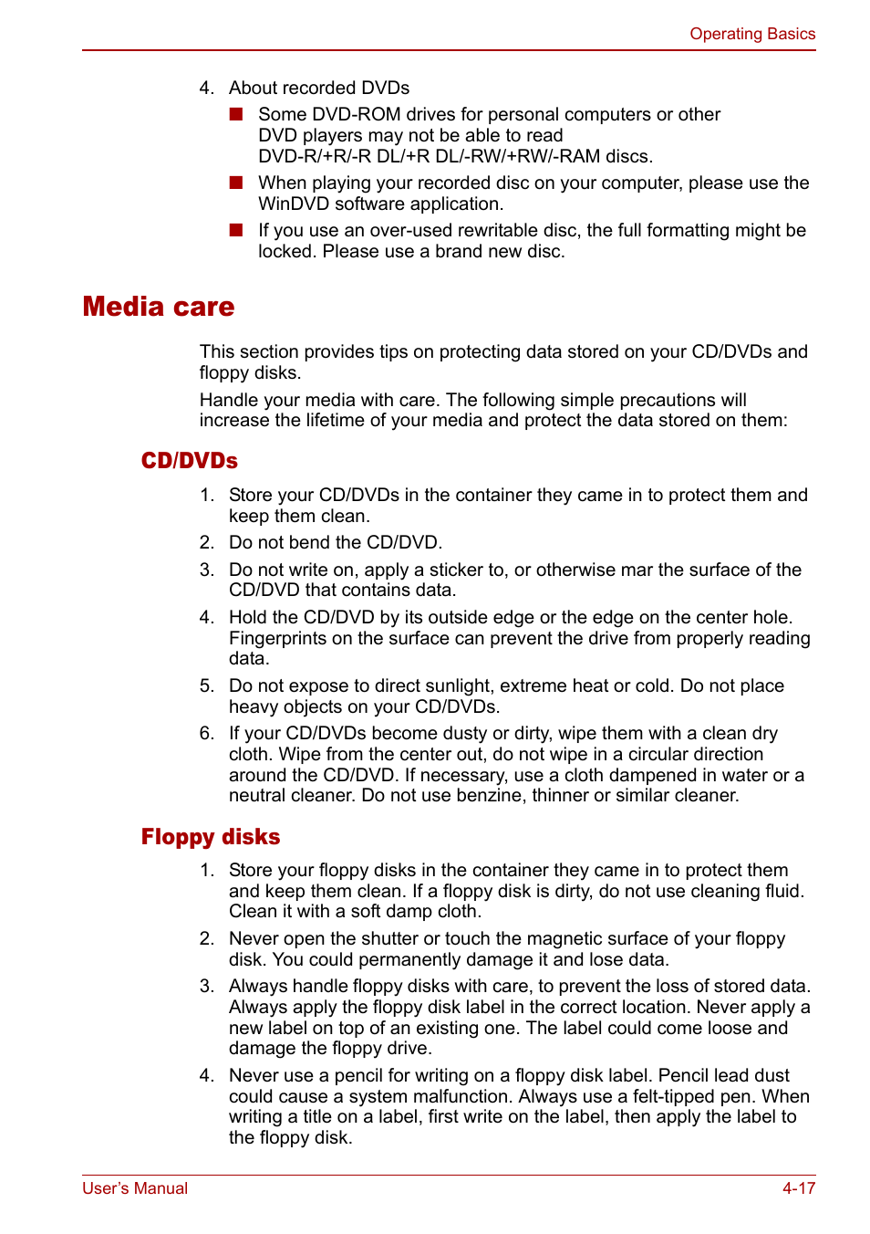 Media care, Media care -17, Cd/dvds | Floppy disks | Toshiba Satellite Pro A120 (PSAC0) User Manual | Page 75 / 220
