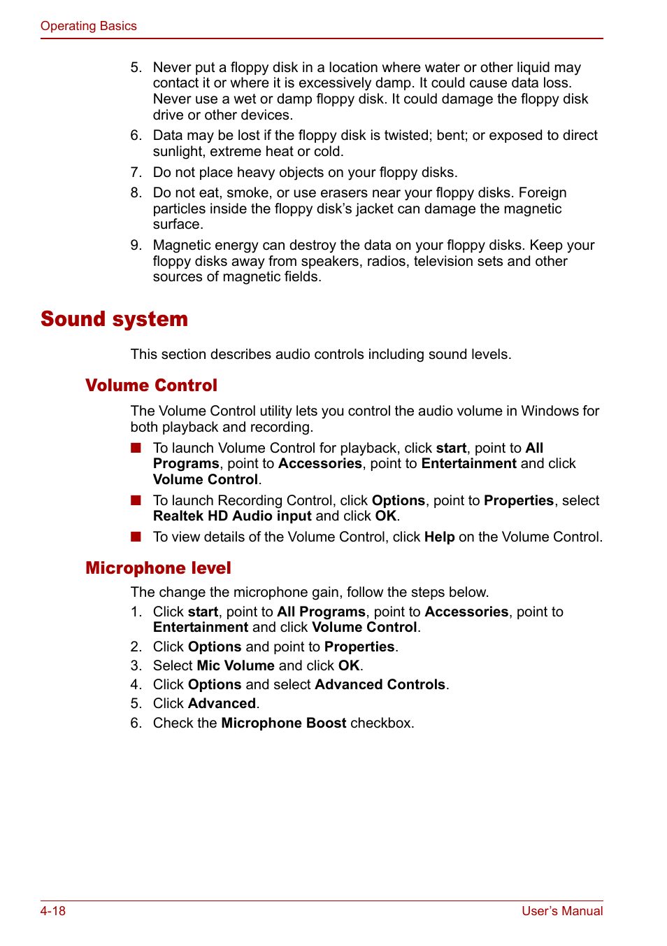 Sound system, Sound system -18, Volume control | Microphone level | Toshiba Satellite Pro A120 (PSAC0) User Manual | Page 76 / 220