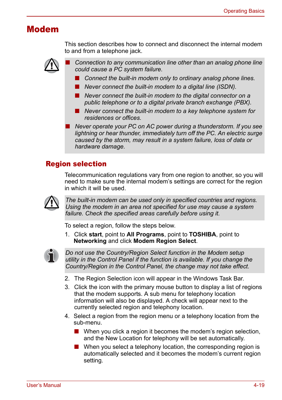 Modem, Modem -19, Region selection | Toshiba Satellite Pro A120 (PSAC0) User Manual | Page 77 / 220