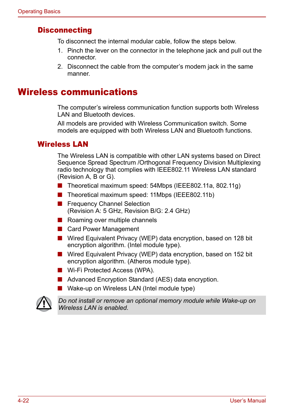 Wireless communications, Wireless communications -22, Disconnecting | Wireless lan | Toshiba Satellite Pro A120 (PSAC0) User Manual | Page 80 / 220