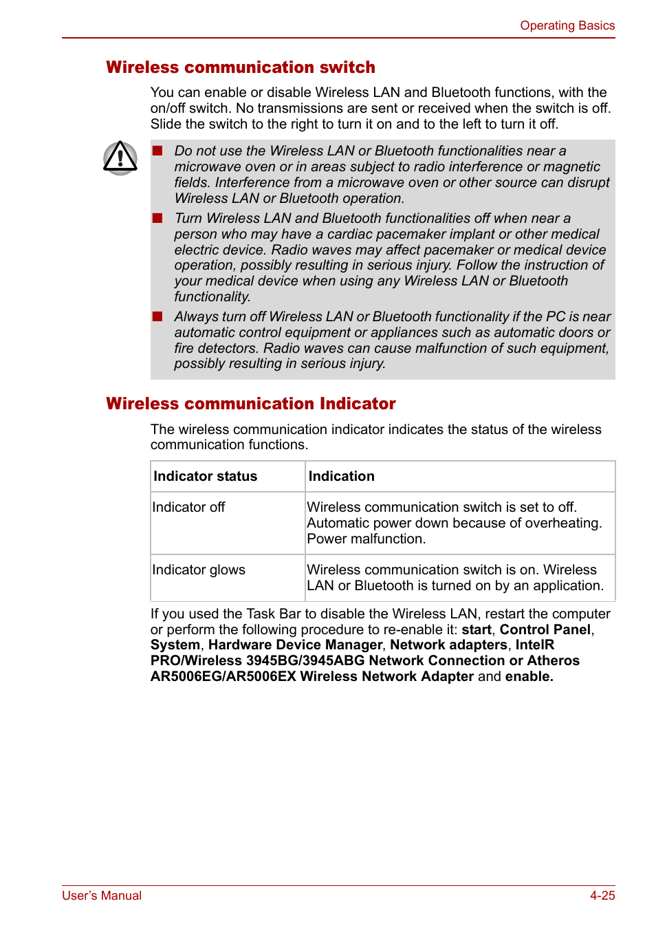 Wireless communication switch, Wireless communication indicator | Toshiba Satellite Pro A120 (PSAC0) User Manual | Page 83 / 220
