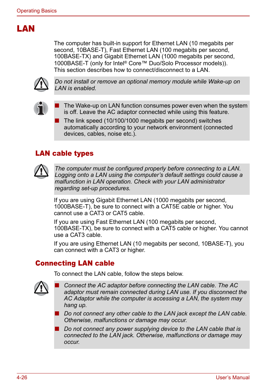 Lan -26, Lan cable types, Connecting lan cable | Toshiba Satellite Pro A120 (PSAC0) User Manual | Page 84 / 220