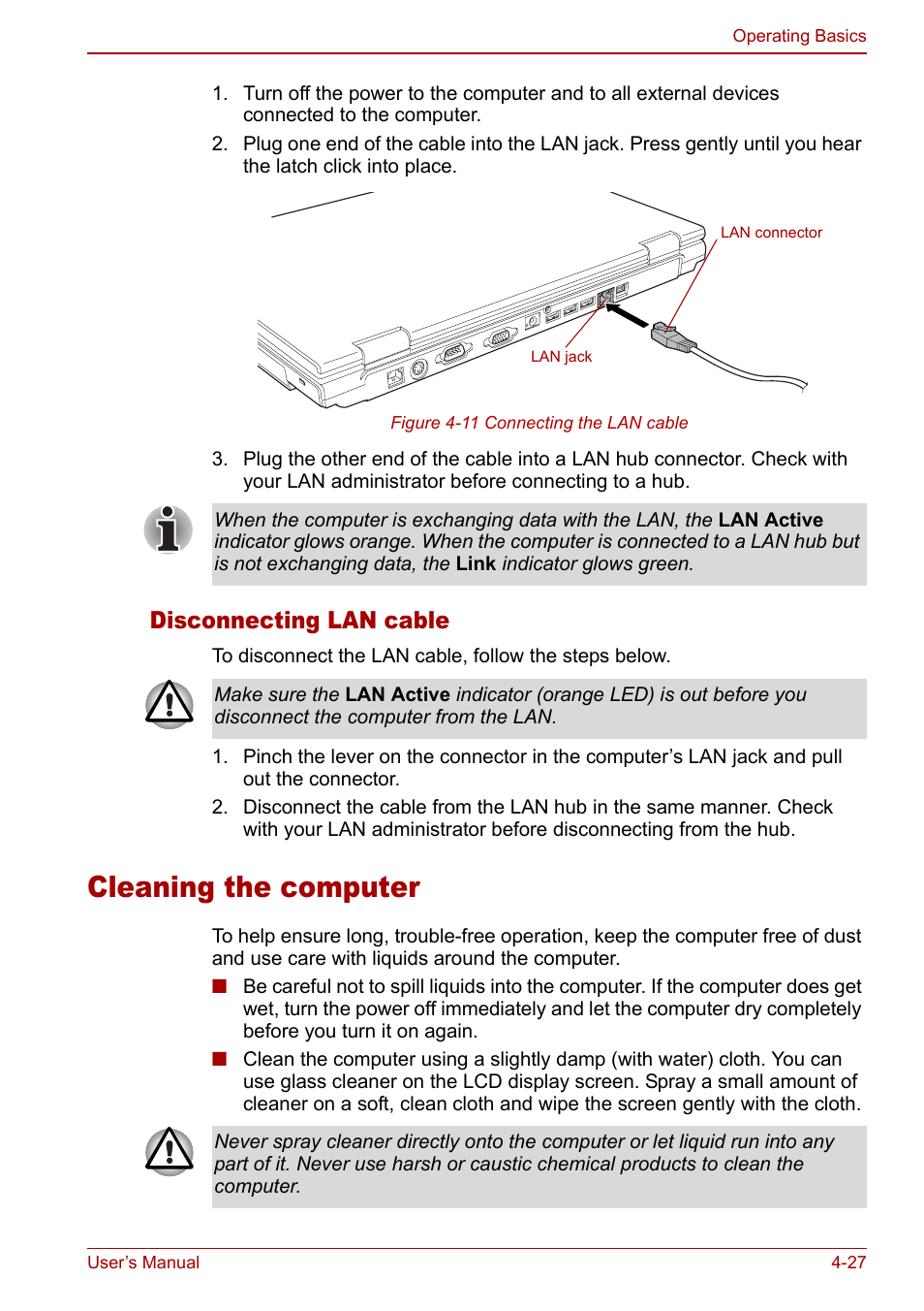 Cleaning the computer, Cleaning the computer -27, Disconnecting lan cable | Toshiba Satellite Pro A120 (PSAC0) User Manual | Page 85 / 220