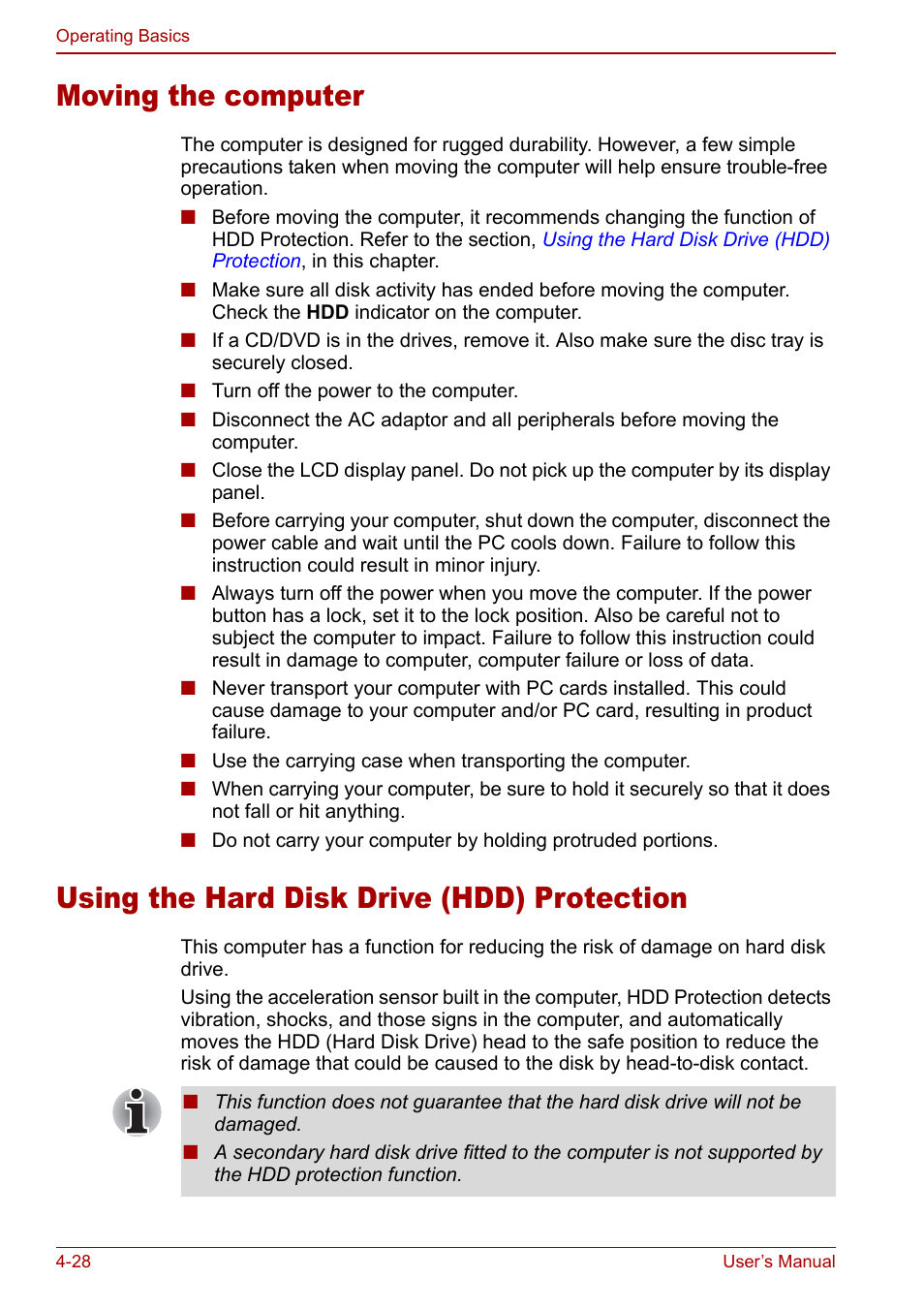Moving the computer, Using the hard disk drive (hdd) protection | Toshiba Satellite Pro A120 (PSAC0) User Manual | Page 86 / 220