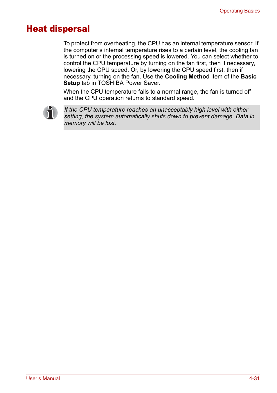 Heat dispersal, Heat dispersal -31 | Toshiba Satellite Pro A120 (PSAC0) User Manual | Page 89 / 220