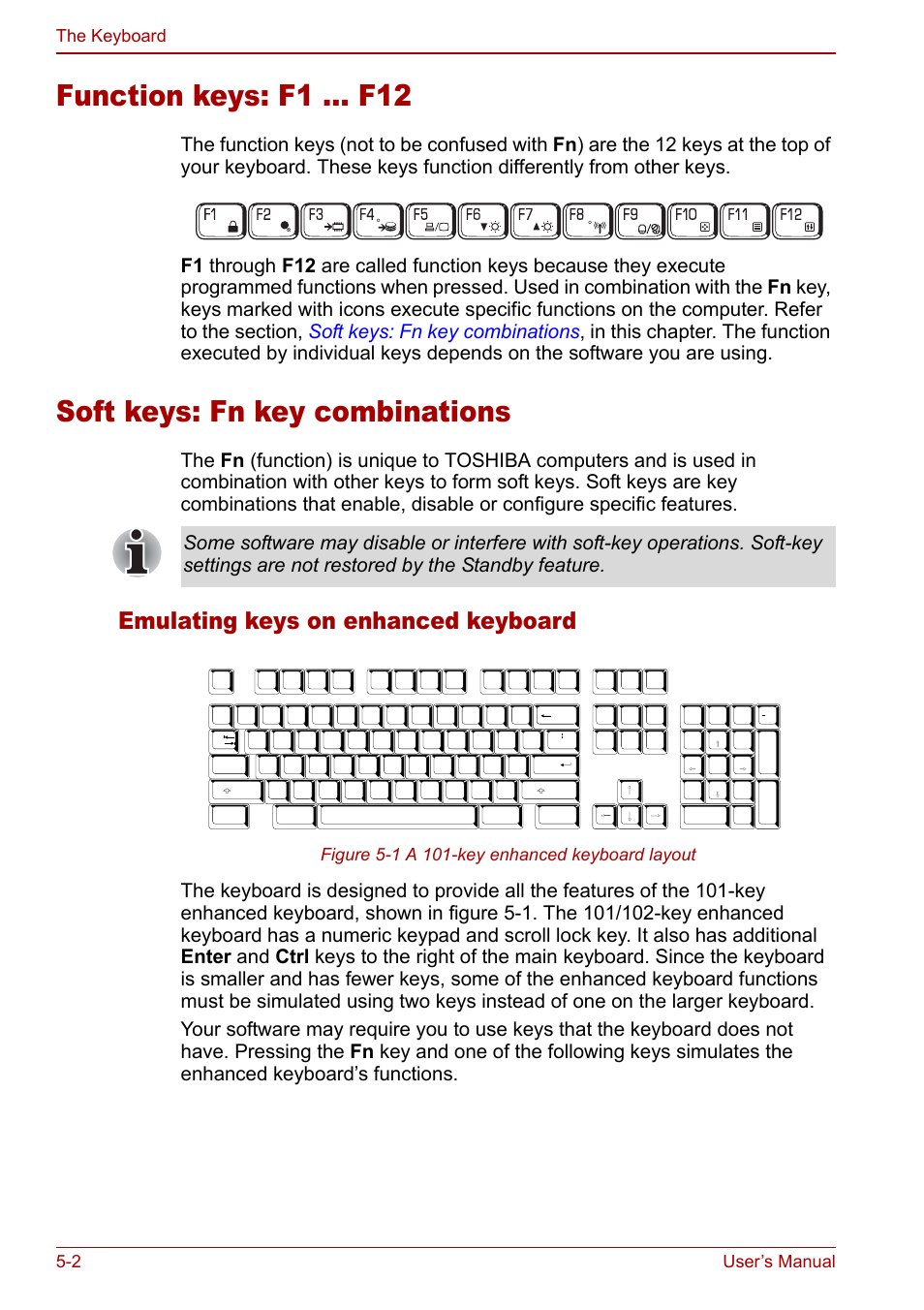 Function keys: f1 … f12, Soft keys: fn key combinations, Emulating keys on enhanced keyboard | 2 user’s manual the keyboard | Toshiba Satellite Pro A120 (PSAC0) User Manual | Page 92 / 220