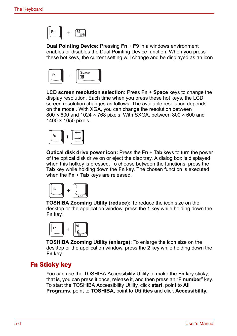 Fn sticky key | Toshiba Satellite Pro A120 (PSAC0) User Manual | Page 96 / 220