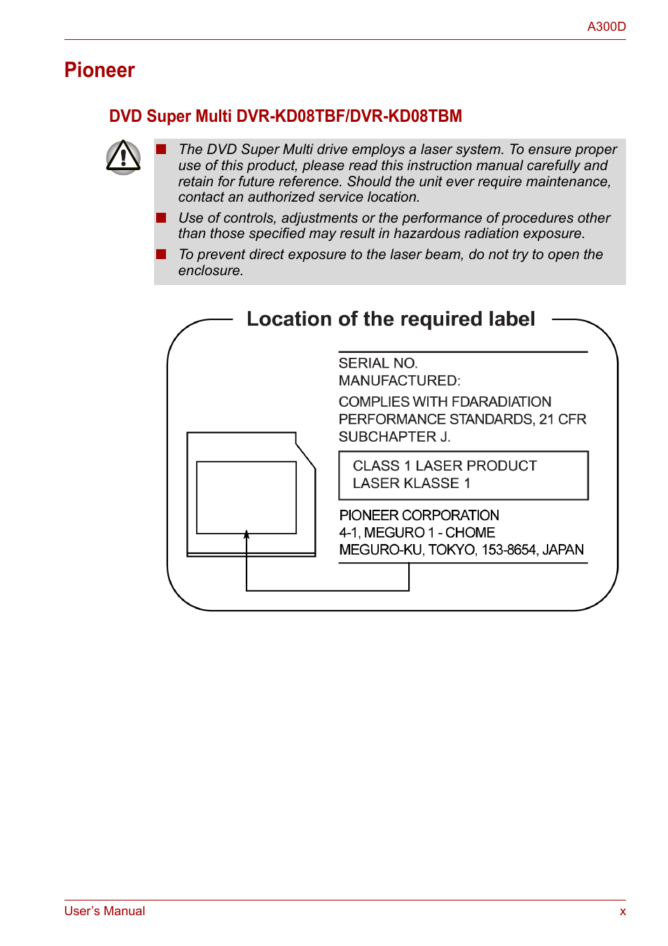 Pioneer, Dvd super multi dvr-kd08tbf/dvr-kd08tbm | Toshiba Satellite A300D User Manual | Page 10 / 179