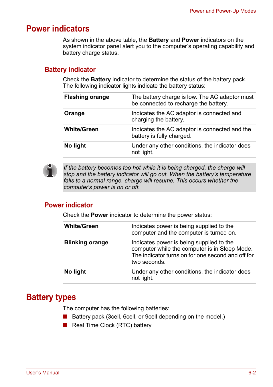 Power indicators, Battery types, Power indicators -2 battery types -2 | Battery indicator, Power indicator | Toshiba Satellite A300D User Manual | Page 101 / 179