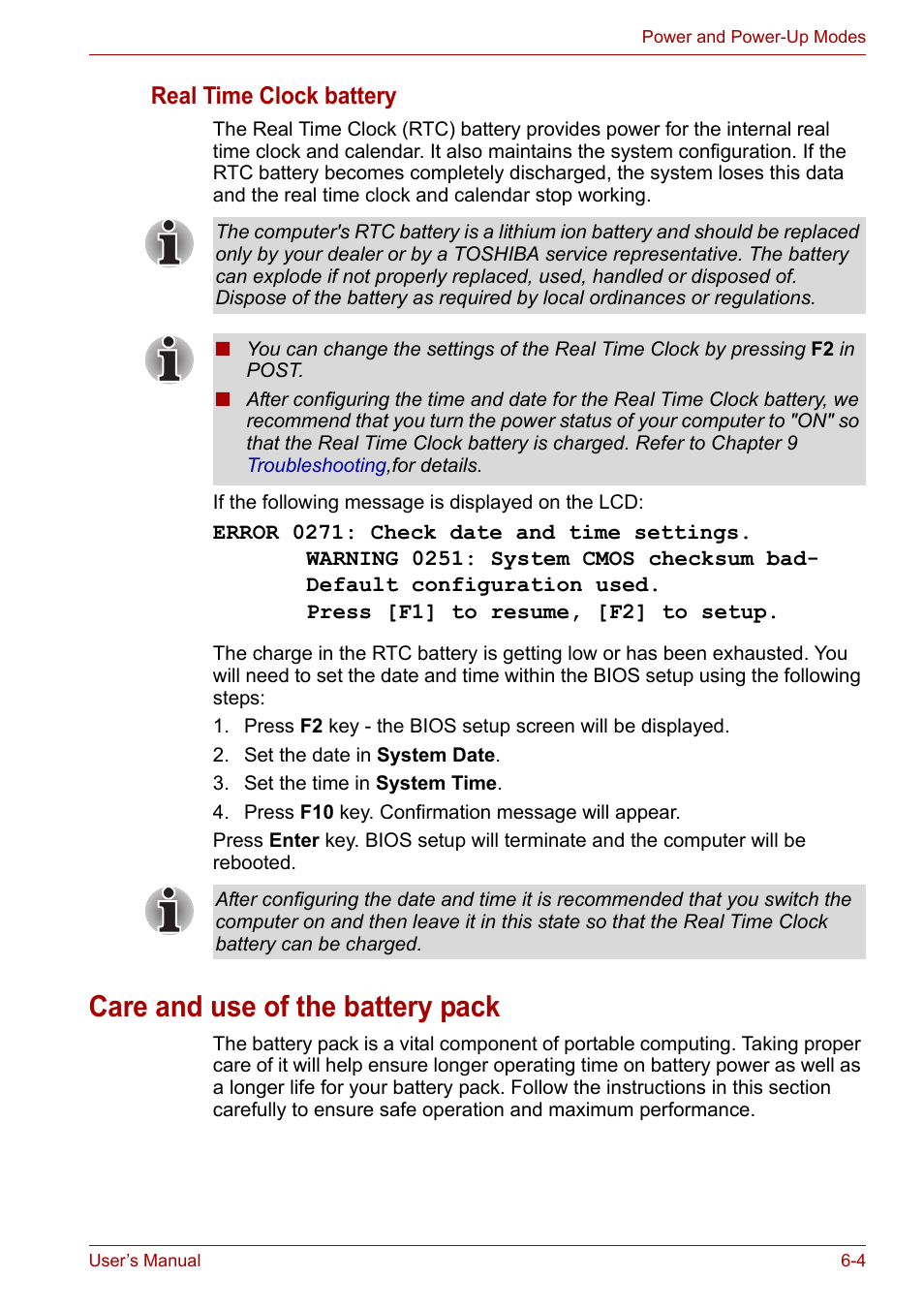 Care and use of the battery pack, Care and use of the battery pack -4, Real time clock battery | Toshiba Satellite A300D User Manual | Page 103 / 179