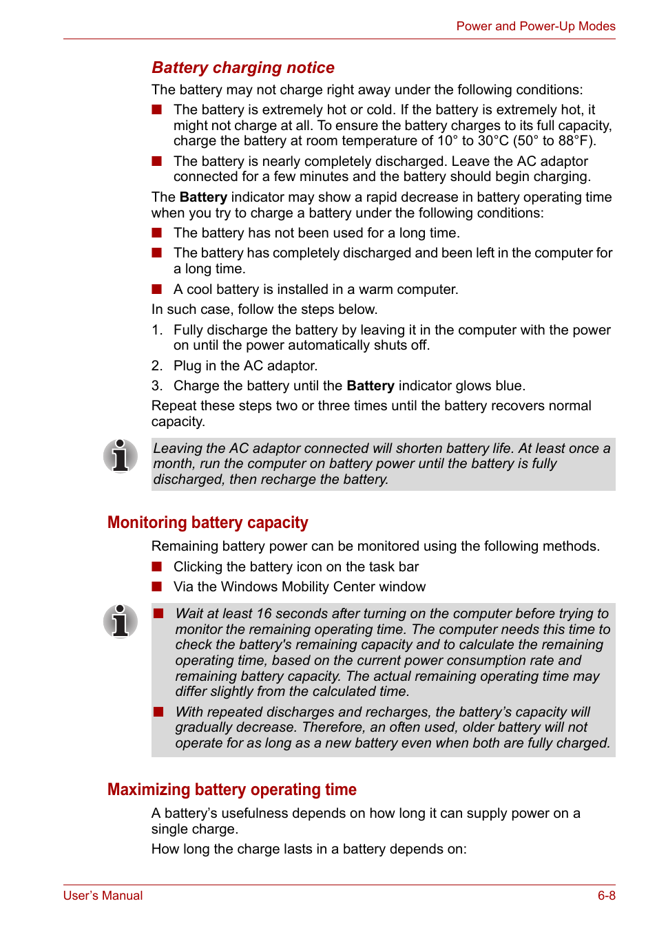 Monitoring battery capacity, Maximizing battery operating time | Toshiba Satellite A300D User Manual | Page 107 / 179