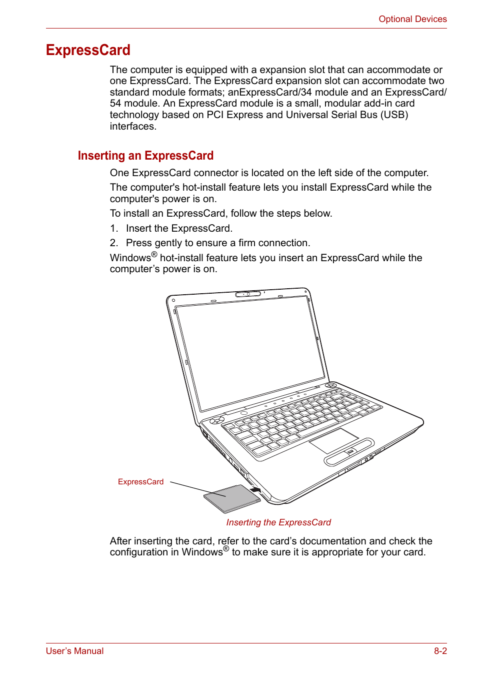 Expresscard, Expresscard -2, Inserting an expresscard | Toshiba Satellite A300D User Manual | Page 117 / 179