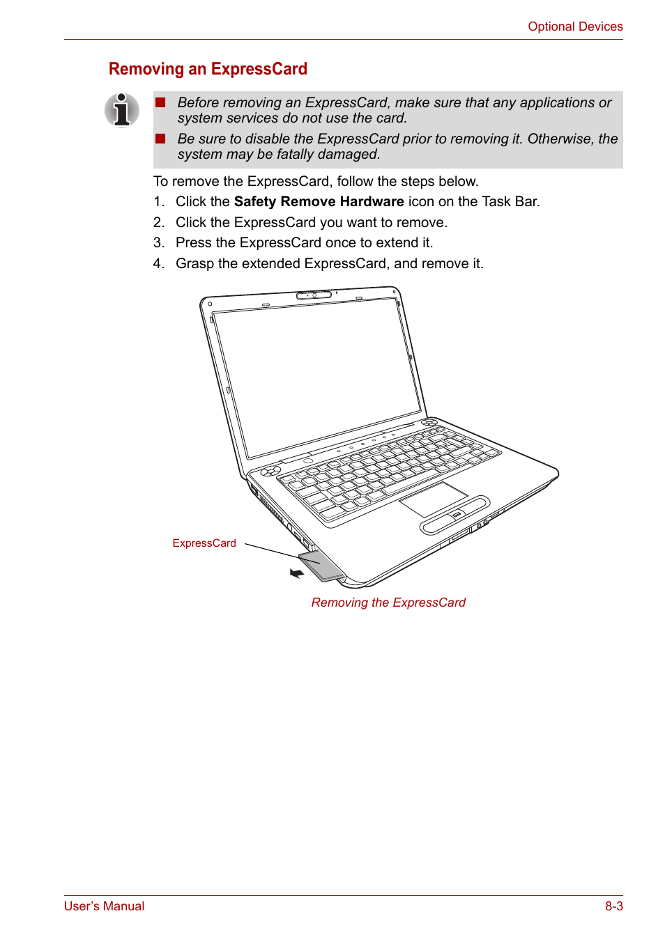 Removing an expresscard | Toshiba Satellite A300D User Manual | Page 118 / 179