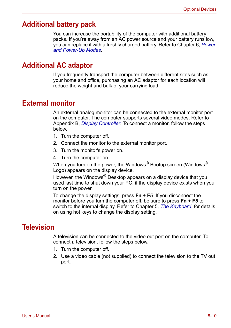 Additional battery pack, Additional ac adaptor, External monitor | Television | Toshiba Satellite A300D User Manual | Page 125 / 179