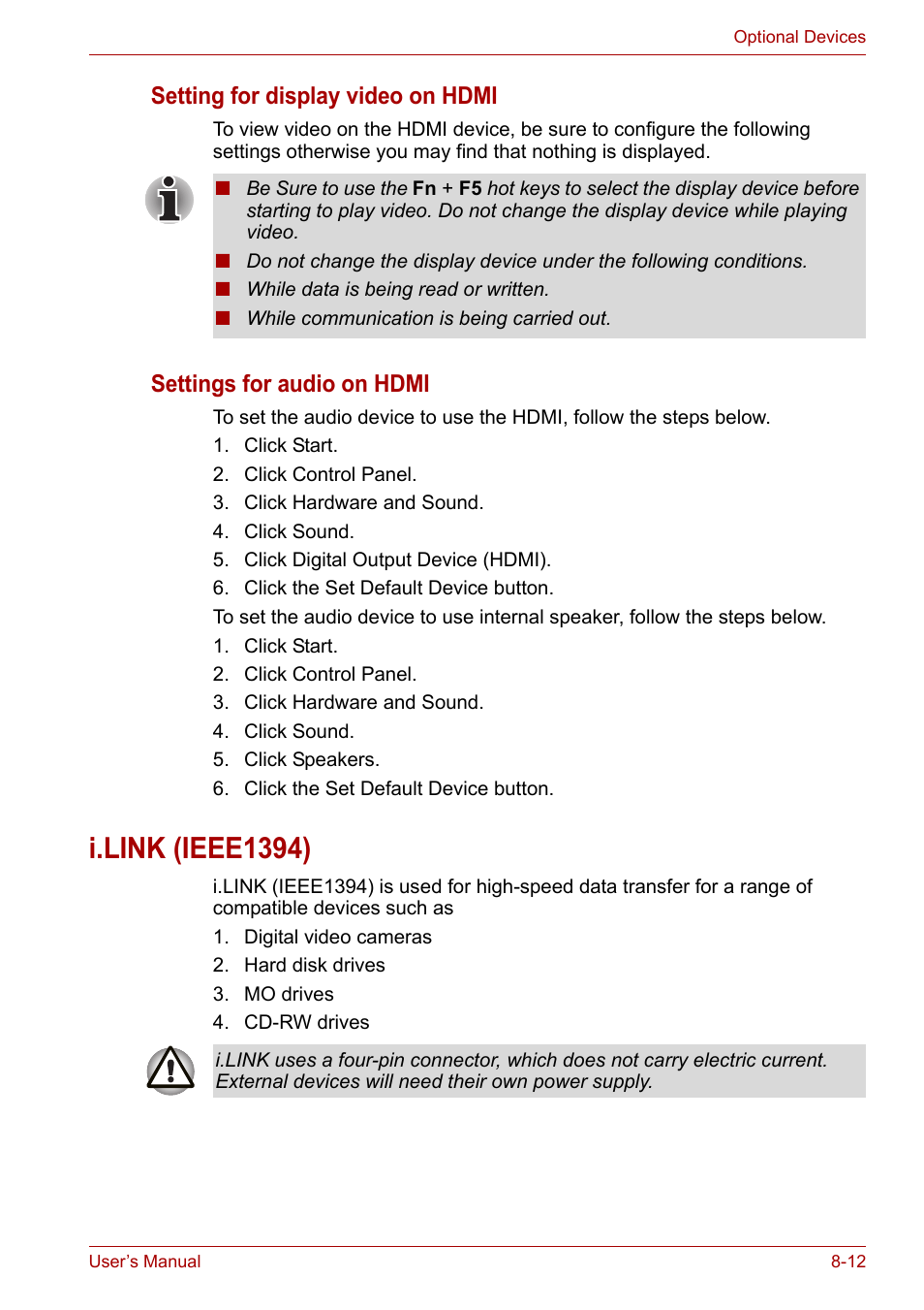I.link (ieee1394), I.link (ieee1394) -12, Setting for display video on hdmi | Settings for audio on hdmi | Toshiba Satellite A300D User Manual | Page 127 / 179